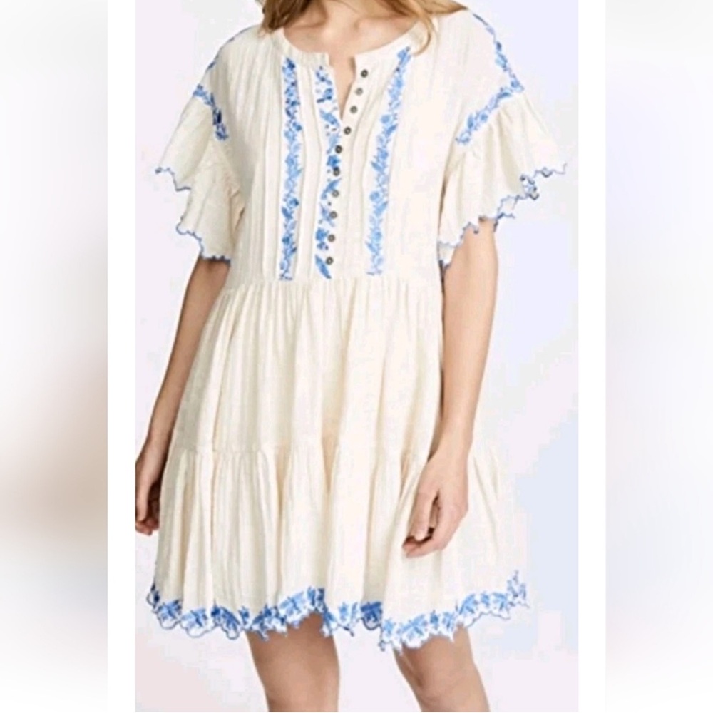 Free People Cream Mini Dress with Blue Embroidery